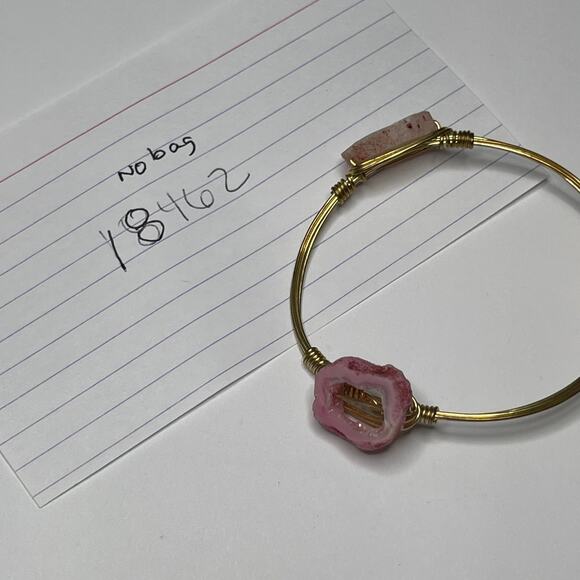 BOURBON & BOWETIES gold tone bracelet bangle PINK Druzy signed jewelry wire wrap - Picture 10 of 11